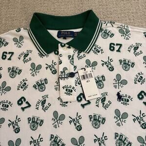 Polo Ralph Lauren Polo Shirt Men Sz 2XLT White Tennis 67 All Over Graphic Mesh